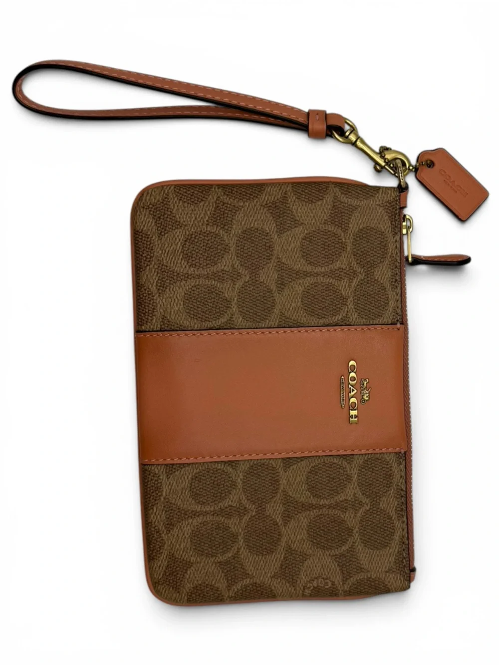 Coach Brown Signature Canvas Wristlet with Tan Leather Strap